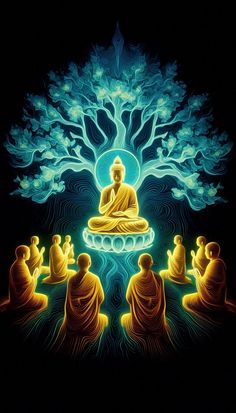 a painting of buddhas sitting in front of a tree with glowing lights on it