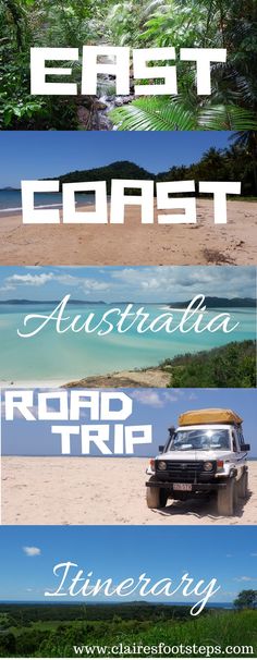 four different images with the words east coast australia and road trip written in white letters