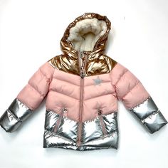 Nwt Children’s Poly Fill Warm Jacket Metallic Long Sleeve Winter Outerwear, Metallic Hooded Winter Outerwear, Silver Hooded Outerwear For Winter, Warm Jacket, Toddler Sizes, Kids Jacket, Onyx, Puffer, Kids Shop