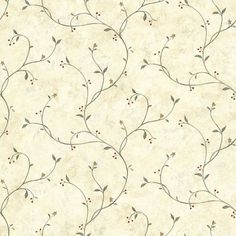 a beige wallpaper with small red berries and green leaves on the top of it