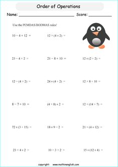 the order of operations worksheet with an image of a penguin and numbers on it