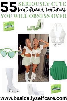 two women dressed in white and green clothing with text overlay that reads 55 seriously cute best friend costumes you will dress over