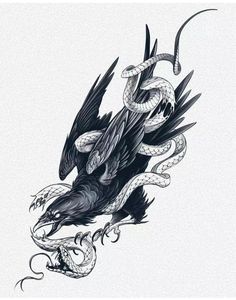 a black and white drawing of a bird with snakes on it's wings,