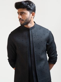 This Black Double Panel Nehru Jacket will instantly give an elegant look. This Black Nehru Jacket features in terrycot fabric with double panel style, stitchline details, honeycomb embroidery, invisible front button placket, and a mandarin collar. An ideal outfit for traditional occasions, and special events.

Size Chart For Men





	
	
					Men's Size Chart
		

		
		
						
				Size Chart For Men
				Custom Size Measurement Guide
			
			
				
				
				Custom Size Measurement Guide
1. Take your Kalki Mens Wear, Nehru Jacket Outfits Men, Nehru Jacket For Men Wedding Style, Nehru Jacket For Men Formal, Nehru Jacket For Men Wedding, Cocktail Dress For Men, Kurta Pajama With Nehru Jacket, Honeycomb Embroidery, Indian Wedding Suits Men