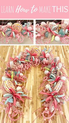 a wreath made out of fabric and bows with the words learn how to make this