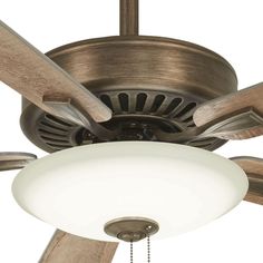 a ceiling fan with two wooden blades and a white light on the top of it