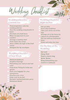 a wedding checklist with flowers and leaves on the top, in pink background text reads'wedding checklist '