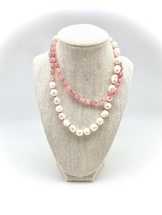 Measurements: -30" Materials: - Pearls, Rose Quartz - Knotted with red silk, sterling silver lobster claw clasp Notes: -Can be wrapped twice -Dress it down over a beach coverup or up to go out Pink Single Strand Necklace For Summer, Summer Single Strand Pink Necklace, Adjustable Red Necklaces For Summer, Summer Pink Single Strand Necklace, Pink Strand Necklaces For Summer, Pink Single Strand Necklace For Beach, Summer Pink Strand Necklaces, Elegant Pink Necklace For Summer, Hand-strung Pink Jewelry For Summer