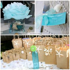 there are many bags with flowers in them and some sand dollars on the table next to each other