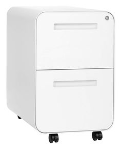 a white filing cabinet sitting on wheels with two drawers in the front and one drawer at the back