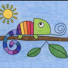 a drawing of a chamelon on a tree branch with the sun in the background