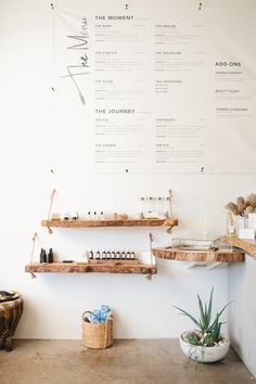 a room with shelves and plants on the wall