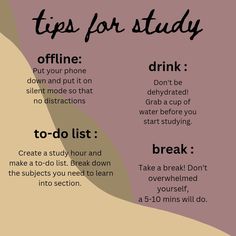 a poster with the words tips for study written in black and white on pink background