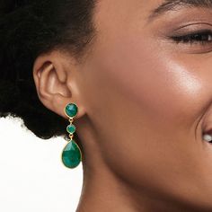 Ross-Simons - 25.10 ct. t. w. Emerald Drop Earrings in 18kt Gold Over Sterling. Lush and lovely, our 25.10 ct. t. w. emerald drop earrings create a classic look with round, oval and pear-shaped gems in sunny 18kt yellow gold over sterling silver. Hanging length is 1 1/2". Post/clutch, emerald drop earrings. Emerald birthstones are the perfect gift for May birthdays. May Birthdays, Emerald Drop Earrings, Emerald Earrings Drop, Emerald Birthstone, Earrings Emerald, May Birthday, Pear Shaped, Classic Looks, Lush