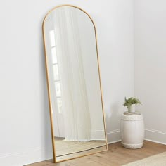 a large mirror sitting on top of a wooden floor next to a potted plant