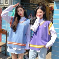 Colors Korean, Foto Best Friend, Egirl Clothes, Yellow Vest, Purple Vests, Pastel Candy, Style Kawaii, Green Vest, Blue Vests