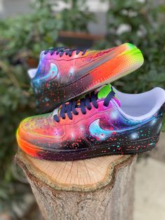 Custom painted Nike sneakers - Galaxy  Hand painted original Nike Air Force   I make hand painted, customized shoes. Give me an idea and I can make it happen. Or choose from a design that I have already done. Prices vary based on design but start at $100 (if price of shoes not included).  If you see " available" in description i this means that the shoes are in stock , the price includes the shoes and I will ship it  next day. If you have your favorite boots / shoes you can send it to me and I s Customized Shoes, Painted Nikes, House Vibes, All Nike Shoes, Leather Paint, Bed Stu, Favorite Boots, Genuine Leather Shoes, Custom Painted