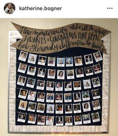 a bulletin board with pictures on it and some words written on the wall behind it