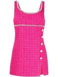 fuchsia pink bouclé construction crystal embellishment sleeveless thin shoulder straps scoop neck front slit thigh-length Pink Tweed, Pink Chanel, Yoko London, Fuchsia Pink, Pink Mini Dresses, Crystal Embellishment, Self Portrait, Denim Dress, All Fashion