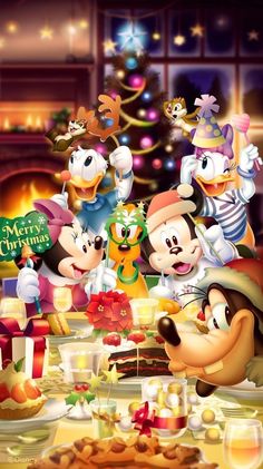 mickey's christmas party with goofy, pluto and friends in front of the tree