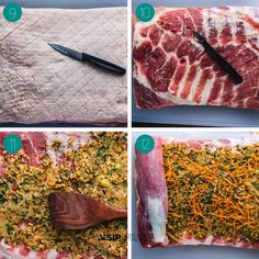 four pictures showing how to cook raw meat and seasoning it with cheese, parmesan sprinkles, and other ingredients