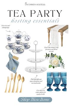 An afternoon tea party is such a dreamy way to host friends. It's a perfect party theme idea for brunch, Mother's Day, birthday parties, bridal showers, and more! From beautiful tea sets, coastal blue glassware and linens, and greenery to three-tiered serving stands for pastries and tea sandwiches - find everything you need to create a classy and inviting tablescape and party aesthetic. Find more party theme ideas, dinner party tips, and hosting essentials at theuncommonhostess.com. *affiliate High Tea Party Set Up, Dusty Blue Tea Party, Indian Hi Tea Party Ideas, Blue Themed Tea Party, Afternoon Tea Theme, Tea Party Essentials, Blue Tea Party Bridal Shower Ideas, Hamptons Party Theme, Seniority Party