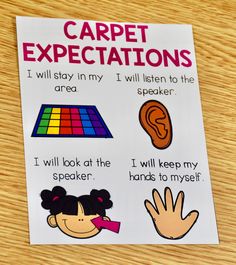 a poster on a wooden table that says carpet expectations and i will stay in my listen to the speaker