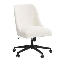 an office chair with wheels and a white upholstered fabric seat, viewed from the front