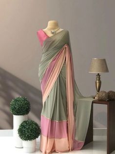 Saree For Casual Wear, Saree Model Dress Design, Georgette Sarees Plain, Fashion Sarees Style, Plain Saree Designing Ideas, Elegant Multicolor Pre-draped Saree With Printed Border, Elegant Multicolor Pre-draped Saree With Sheer Dupatta, Pink Georgette Saree With Printed Border, Elegant Multicolor Georgette Dupatta