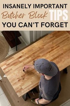 a man working on a butcher block table with text overlay that reads, how to install an insannely important butcher block you can't forget