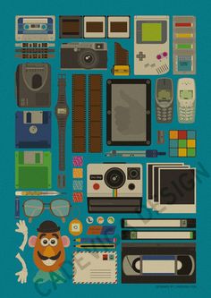 an image of various electronics and gadgets on a blue background