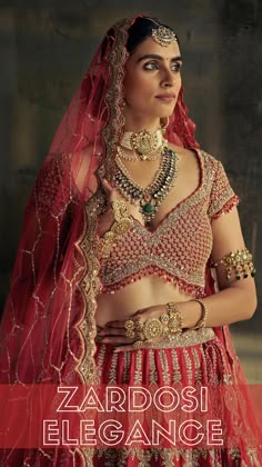 a woman in a red and gold bridal outfit with the words zardosi elegance