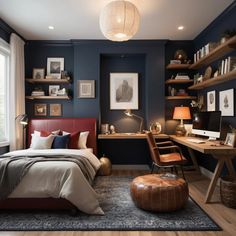 a bedroom with a bed, desk and shelves on the wall next to a window