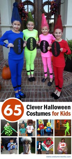 children in costumes for halloween with text overlay that reads 65 clever and clever diy halloween costumes for kids