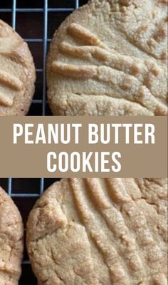 four peanut butter cookies cooling on a wire rack with the words, peanut butter cookies