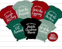 Matching Family Christmas Shirts 25 Quote, Most Likely to Superlative Funny Buffalo Plaid Holiday Outfit Mom Dad Baby Toddler Kid Friends - Etsy Most Likely To Christmas Shirts, Pj Ideas, Christmas Shirts Family, Company Halloween, Cricut Gifts, Cute Family Photos, Christmas Party Shirts