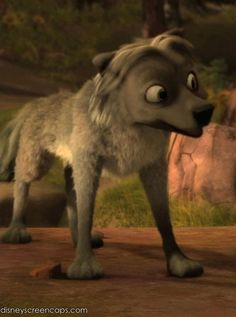 an animated wolf standing in the middle of a forest