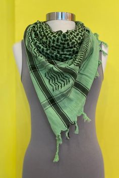 Square scarf with fringe and black pattern. 37" by 37" 100% Cotton Green Casual Scarves One Size, Casual Green Scarf, Casual Green Scarves One Size, One Size Black Casual Shawl, Casual Black Shawl Scarves, Casual Black Shawl Scarf, Scarf With Fringe, Square Scarf, Black Pattern