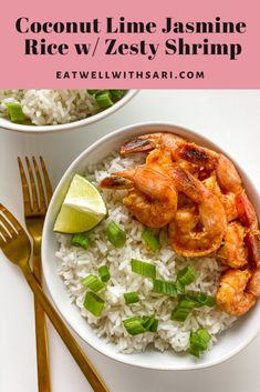 two white bowls filled with rice and shrimp