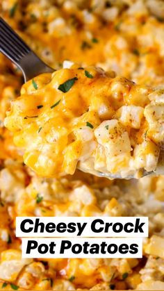 a spoon full of cheesy crock potato casserole with text overlay