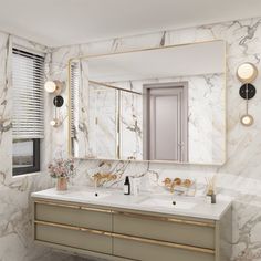 a bathroom with marble walls and gold fixtures