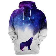 Galaxy Howling Wolf Hoodie — Fresh HoodsMens Clothing Ideas – Stylish Mens Clothes That Any Guy Would Love#dress#cloths#clothingidea#fashion#style#makeup#trending#mens Galaxy Clothes, Wolf Sweater, Hoodie With Ears, Galaxy Sweatshirt, Wolf Clothing, Wolf Hoodie, Ears And Tail, Dads Clothes, Wolf Shirt