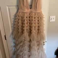 Nwt, Never Worn Pink Blush Tulle Gown Sheer Skirt - Body Suit Bottom Underneath Is Ripped, Would Just Need To Be Sewn Back Together. Size L Beige Tulle Skirt Wedding Dress, Beige Tulle Dress For Prom, Bridesmaid Tulle Evening Dress With Ruffles, Beige Tulle Gown For Party, Beige Ruffled Wedding Gown, Beige Wedding Gown With Ruffles, Beige Ball Gown For Party, Feminine Tulle Gown For Party, Beige Tulle Floor-length Dresses