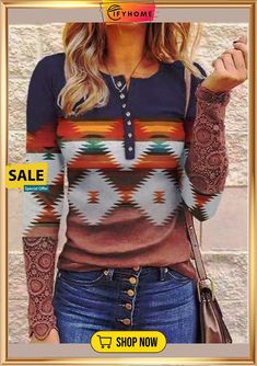 Ethnic Raglan Sleeve Crew Neck Top Bohemian Brown Top With Graphic Print, Multicolor Geometric Pattern Top For Fall, Fall Multicolor Geometric Pattern Top, Bohemian Multicolor Tops For Fall, Bohemian Printed Tops For Winter, Bohemian Printed Winter Tops, Multicolor Boho Print Tops For Fall, Bohemian Patterned Tops For Winter, Bohemian Winter Tops With Graphic Print