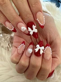 Cupid Inspired Nails, Red Coquette Nail Ideas, Nail Inspo Red French Tip, Red Quinceañera Nails, Coffin Coquette Nails, Red Nails Pearls, Strawberry Coquette Nails, Heart And Bow Nails, Cute Red French Tip Nails