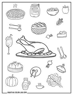 thanksgiving coloring pages with turkey and other foods