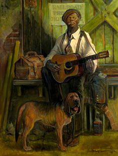 a painting of a man playing the guitar with his dog