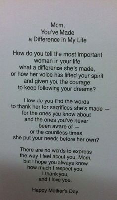 a mother's day poem written on a piece of paper