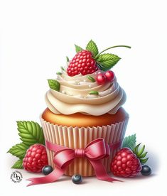 a cupcake with whipped cream and raspberries on top is surrounded by berries