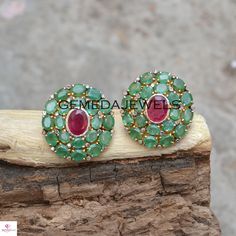 Red Ruby Stud Earrings, Green Emerald Earrings, Diamond Earrings, 925 Silver Jewelry, Gold Plated Earrings, Flower Earrings, Gift For Her Gross Weight: 15.21 gram Stone: Ruby, Emerald, Diamond Earrings Size: 26X25 MM NOTE:- All The Products Are Designed And Manufactured In My Workshop By Me & My Team. Shown Products Are Purely Handmade. Custom Orders Are Open Handly Accepted. We Are Perfect Choice For Any Custom Jewelry Manufacturing. For Bulk Orders Please Message me. Visit My Store For Mor Earstuds Sterling Silver Gold Roses Red Green, Beaded Wedding Jewelry, Emerald Earring, Ear Tops, Ruby Stud Earrings, Ruby Earrings Studs, Pave Diamond Earrings, Emerald Green Earrings, Gold Earrings Wedding